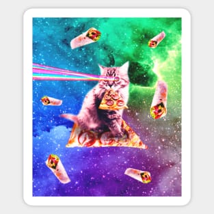 Space Cat Eating Pizza - Rainbow Laser Eyes, Burrito Sticker